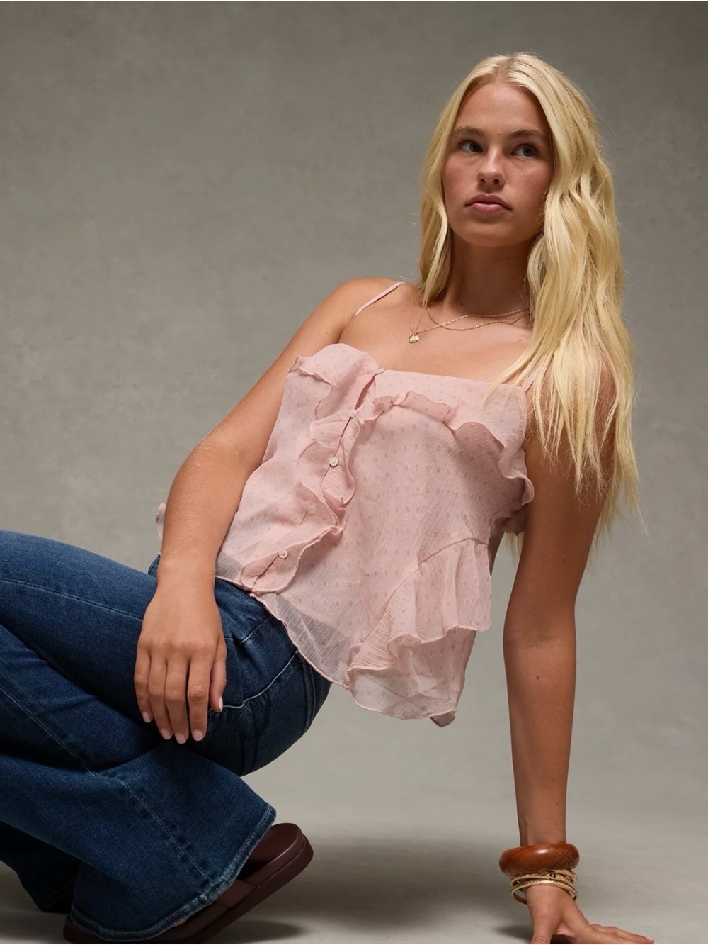 American Eagle Light Pink Ruffle Cami Top - Women Fully Lined Size Medium
